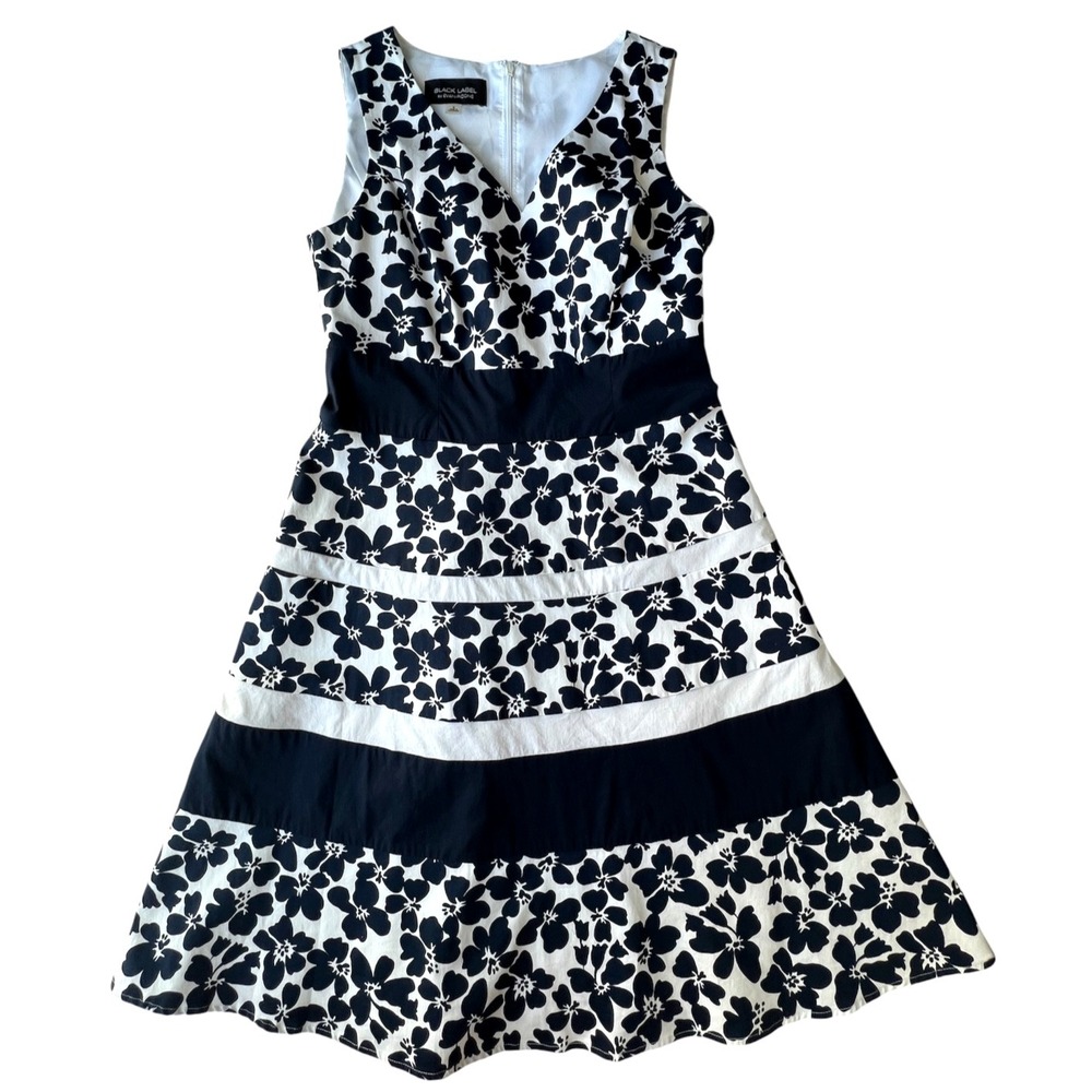 Evan Picone Dress Black Label Womens 6 Navy Blue White Floral Stripe Zip